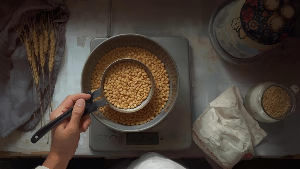Bestcookhub - Home baker measuring wheat berries on a kitchen scale