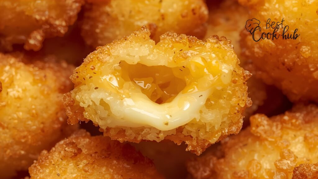 Bestcookhub - Air fried cheese curds close-up with crispy coating and melted cheese inside