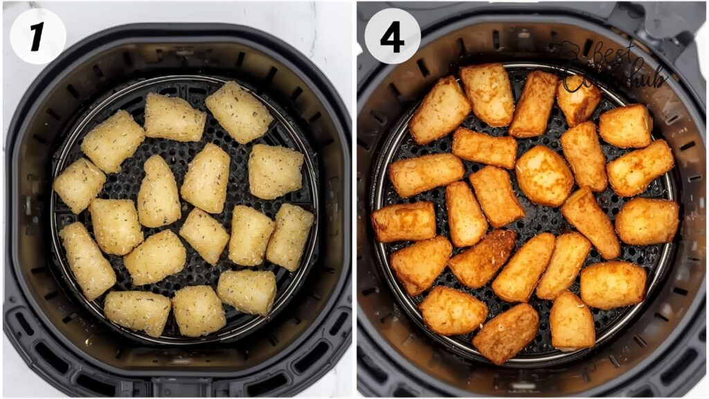 Bestcookhub - Air fryer basket with breaded cheese curds before cooking