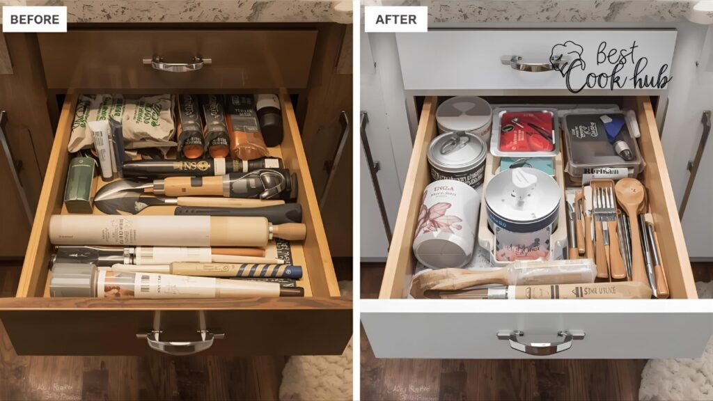Bestcookhub - Before and after photo showing kitchen drawer organization improvement