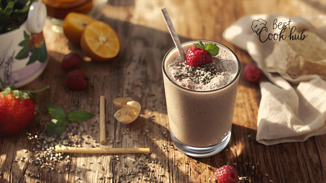 Bestcookhub - Chia Seeds Smoothie in a Glass with Fresh Fruits and a Straw