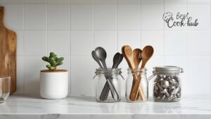 Bestcookhub - Clean, minimalist kitchen counter with organized measuring spoons and cups in jars