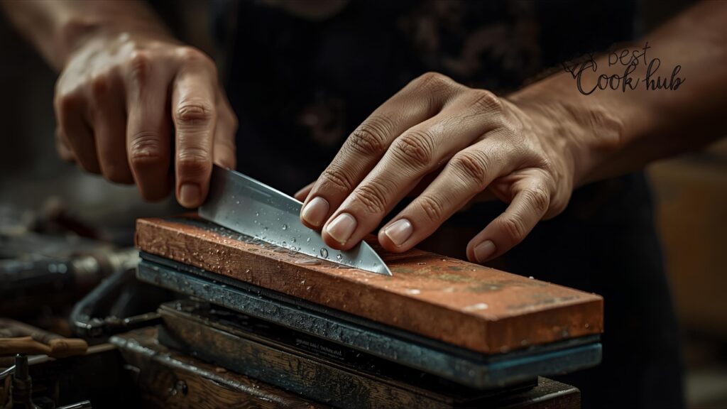 Bestcookhub - Close-up of hands sharpening knife on whetstone with water droplets