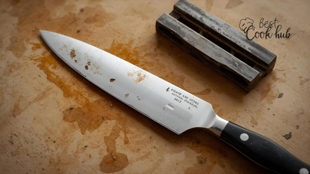 Bestcookhub - Dull knife on cutting board beside worn-out knife sharpener