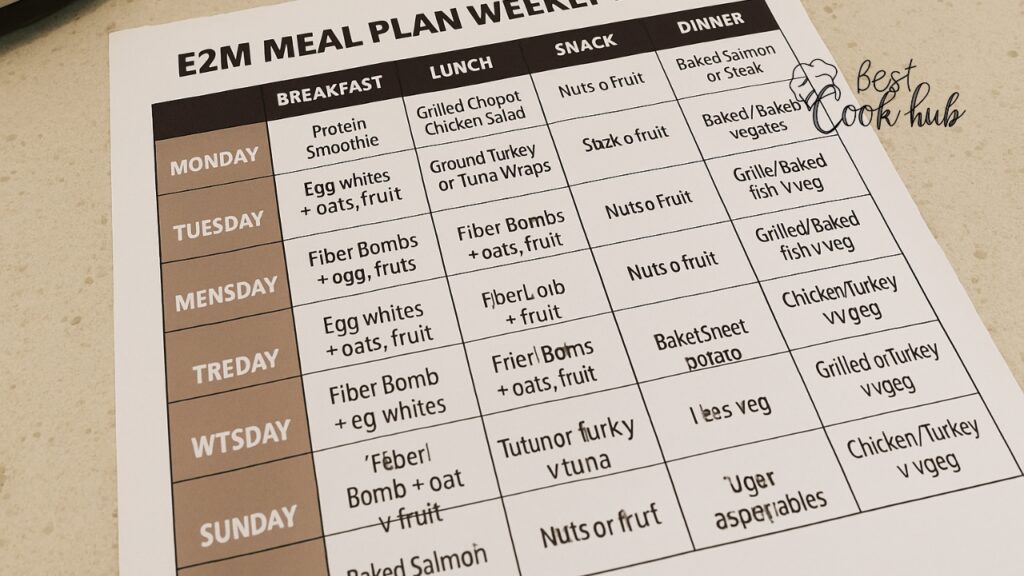Bestcookhub - E2M Meal Plan Weekly Layout on Kitchen Counter