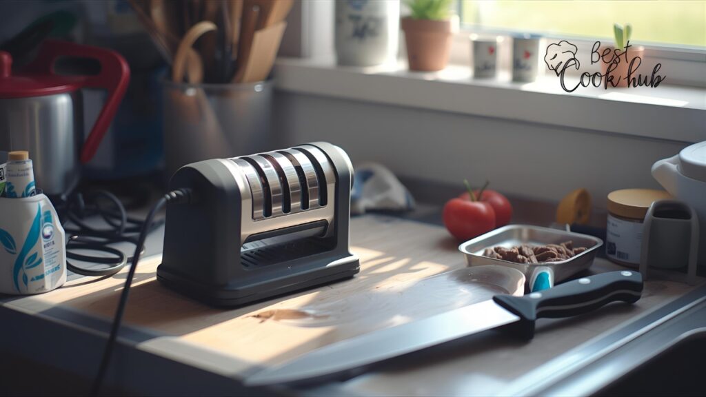 Bestcookhub - Electric knife sharpener on kitchen counter with chef knife beside it