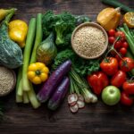 Bestcookhub - Fresh High Fiber Foods like Vegetables, Fruits, Whole Grains on a Wooden Table