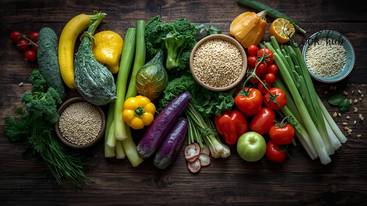 Bestcookhub - Fresh High Fiber Foods like Vegetables, Fruits, Whole Grains on a Wooden Table