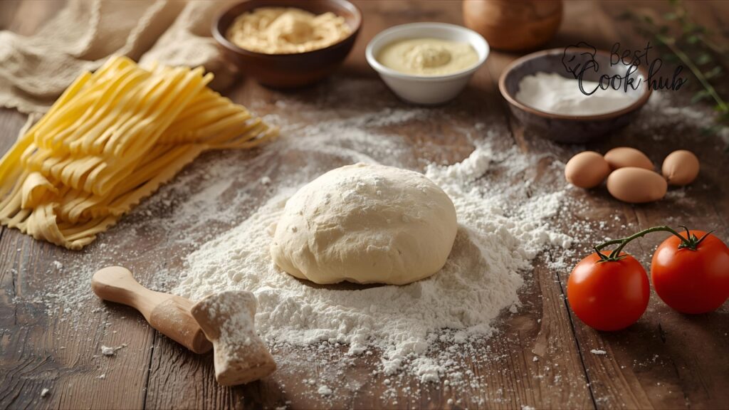 Bestcookhub - Fresh Pasta Dough Ingredients on Wooden Table