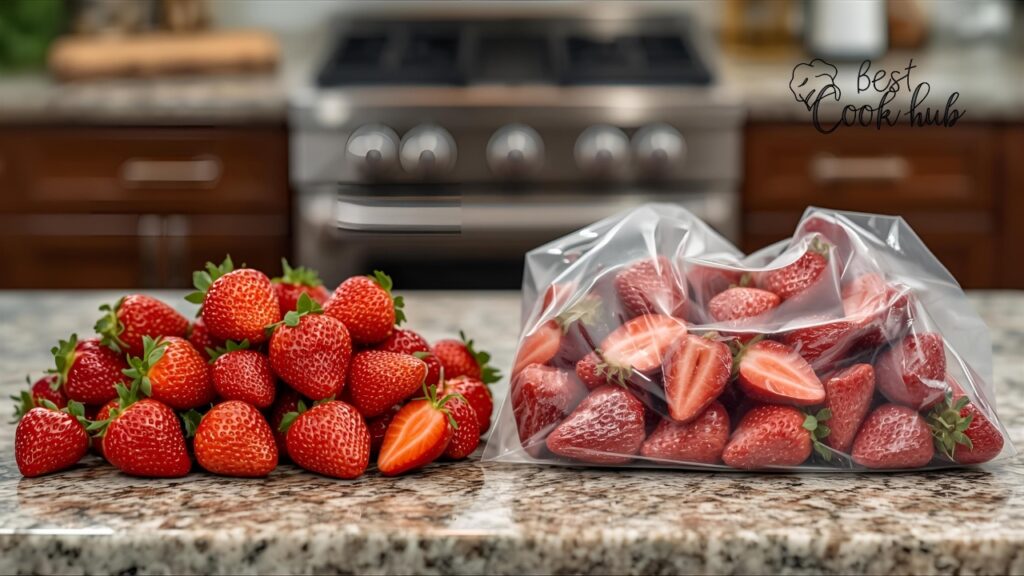 Bestcookhub - Fresh strawberries vs frozen strawberries on a kitchen counter