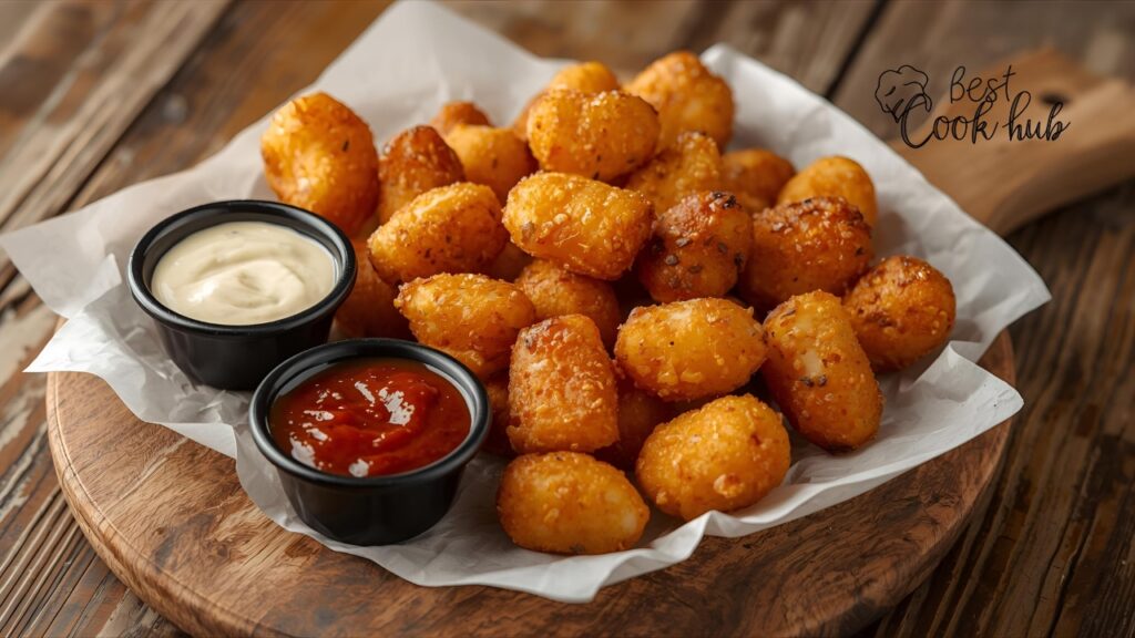 Bestcookhub - Fried cheese curds served with sauces on a wooden board