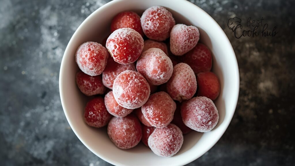 Frozen strawberries in a bowl ready for jam making
