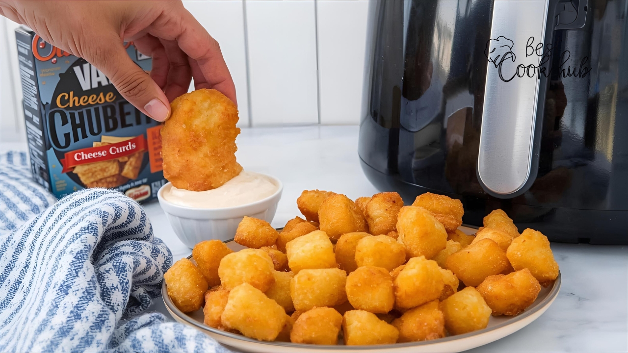 Bestcookhub - Golden fried cheese curds served with dipping sauce next to air fryer