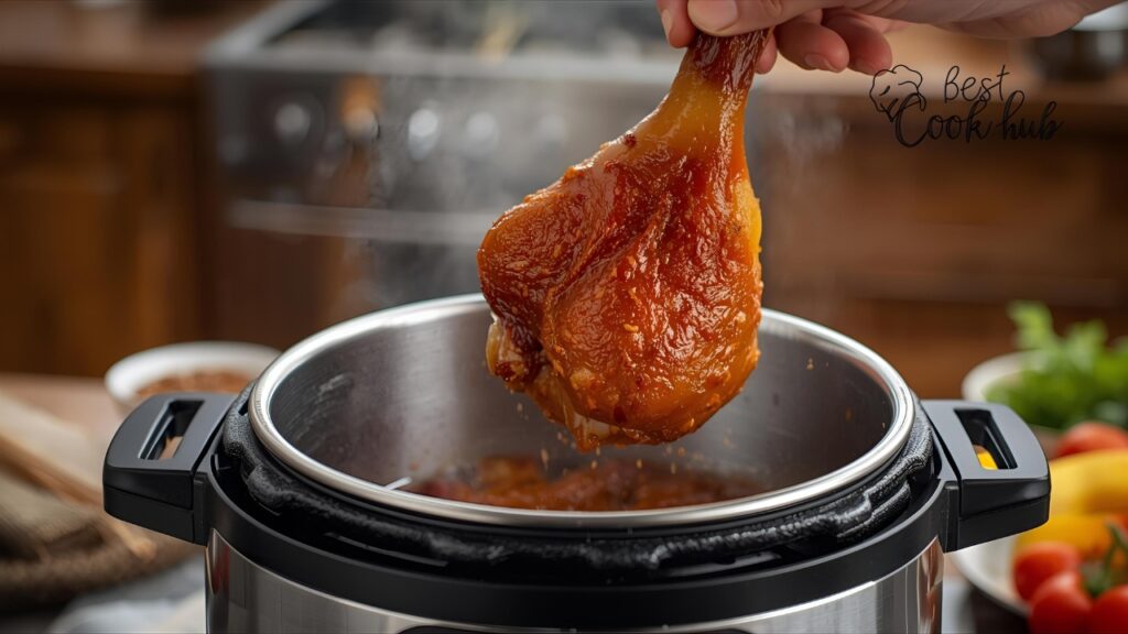 Bestcookhub - Ham hocks being placed into pressure cooker pot