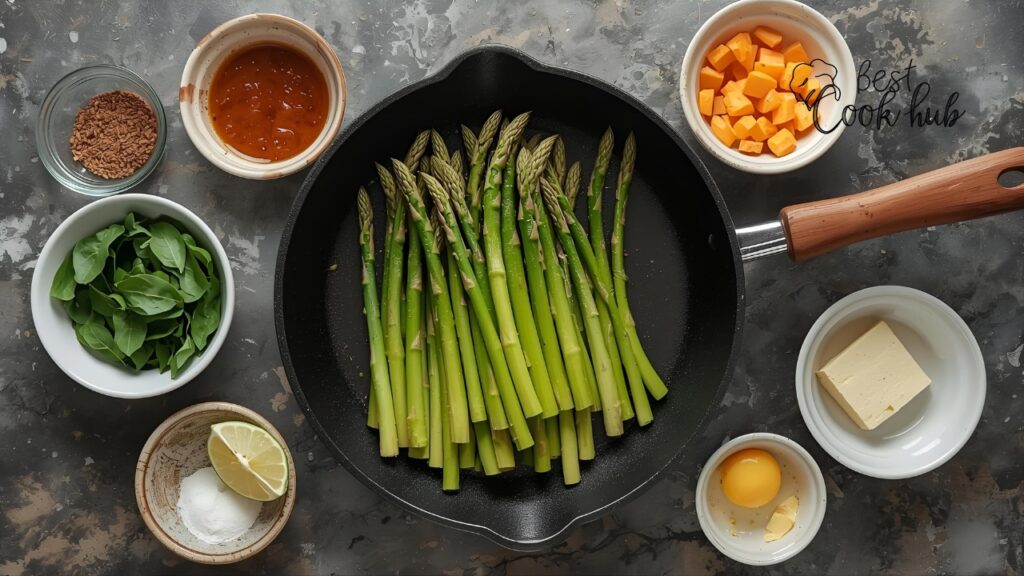 Bestcookhub - Ingredients and pan arranged on a countertop for cooking asparagus