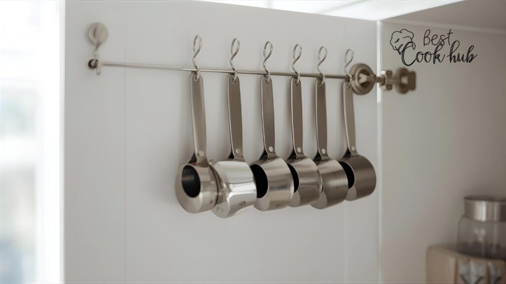 Bestcookhub - Measuring cups hanging neatly on cabinet hooks inside kitchen cabinet door