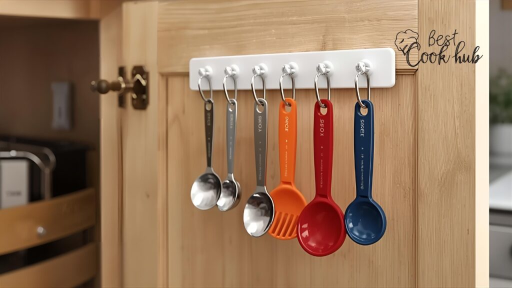 Bestcookhub - Measuring spoons hanging on the inside of a kitchen cabinet door using adhesive hooks