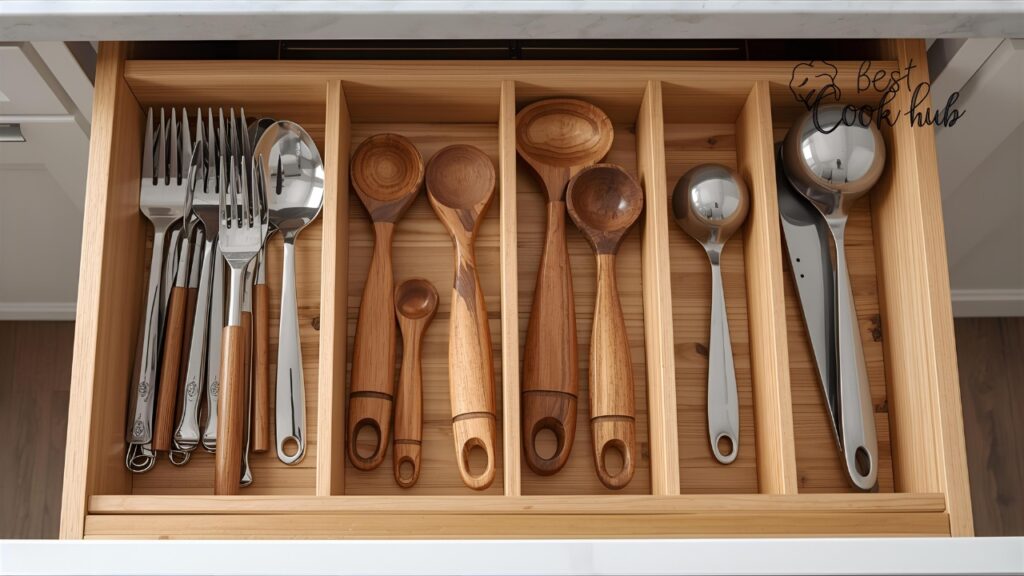 Bestcookhub - Organized kitchen drawer with wooden dividers separating utensils and measuring spoons