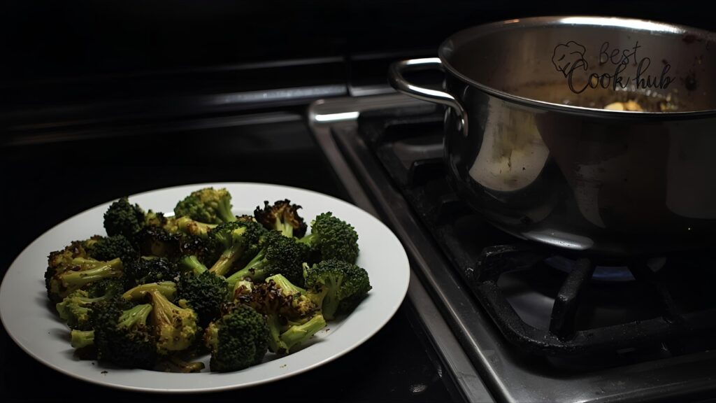 Bestcookhub - Overcooked broccoli on a plate next to a pot on the stove
