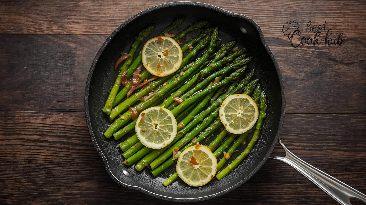 Bestcookhub - Perfectly cooked frozen asparagus in a skillet with lemon and garlic on a wooden table