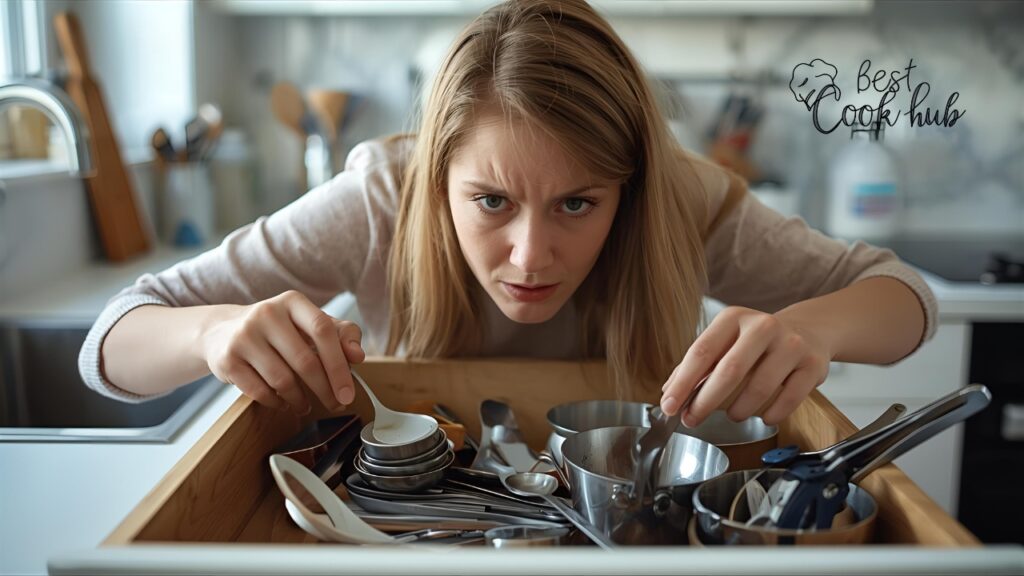 Bestcookhub - Person looking frustrated while searching for the right measuring spoon in kitchen drawer