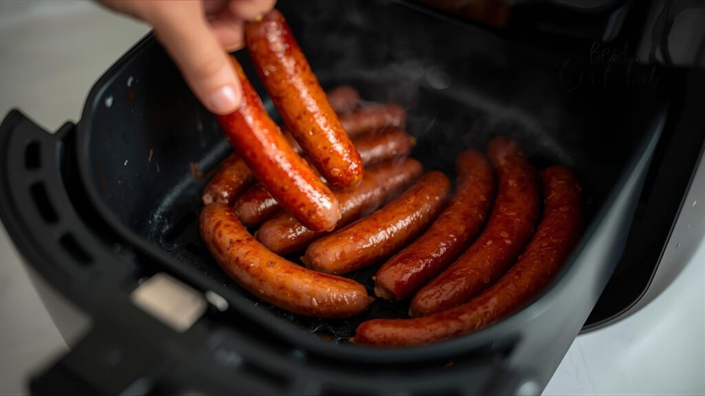 Bestcookhub - Placing Smoked Sausages into Air Fryer Basket