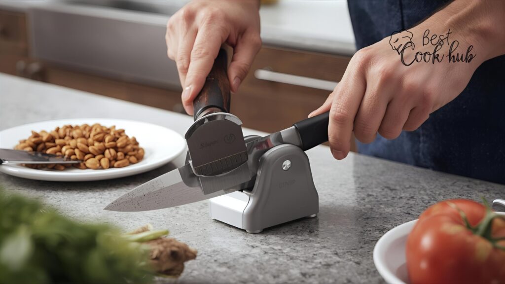 Bestcookhub - Pull-through knife sharpener being used on a kitchen countertop