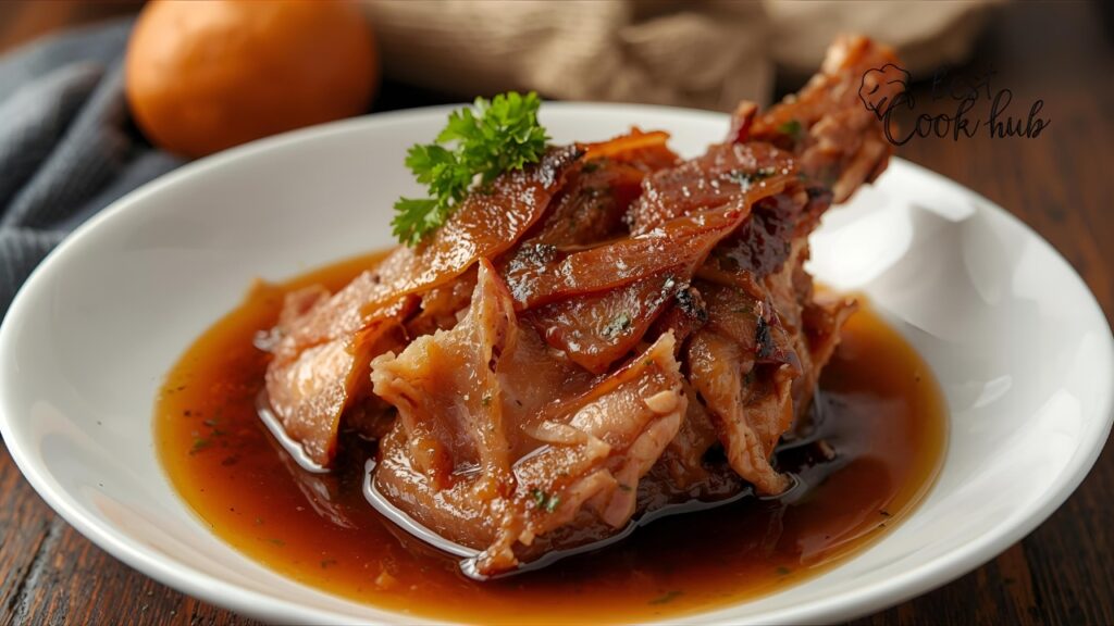 Bestcookhub - Shredded ham hock served on a plate with broth