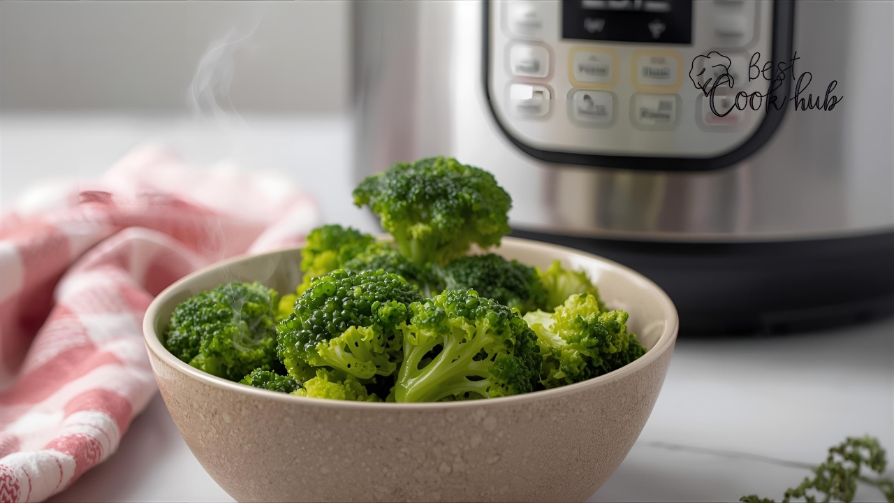 Bestcookhub - Steamed broccoli in a bowl with Instant Pot in the background