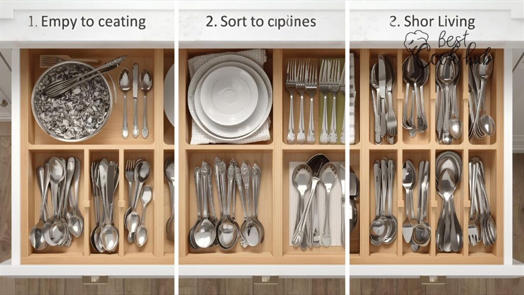 Bestcookhub - Step-by-step visual showing emptying a drawer, sorting spoons, and organizing them neatly