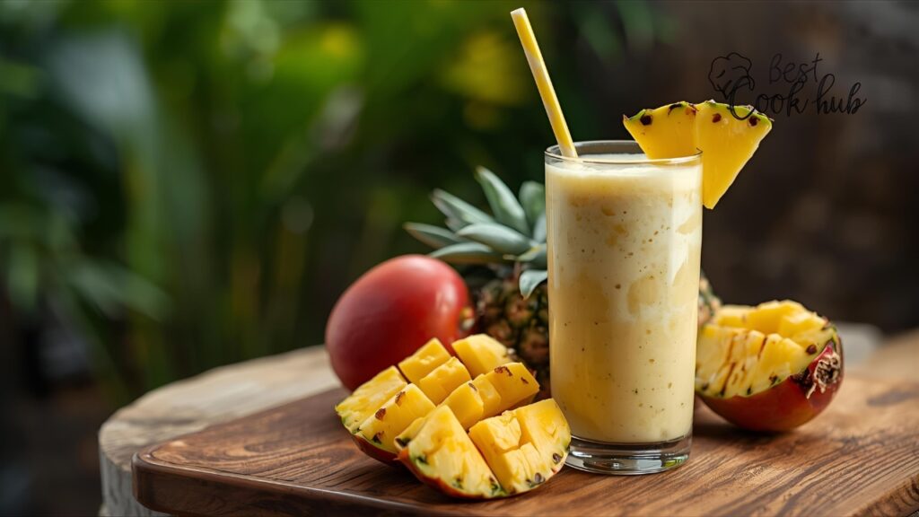 Bestcookhub - Tropical Smoothie with Pineapple and Mango on Wooden Table
