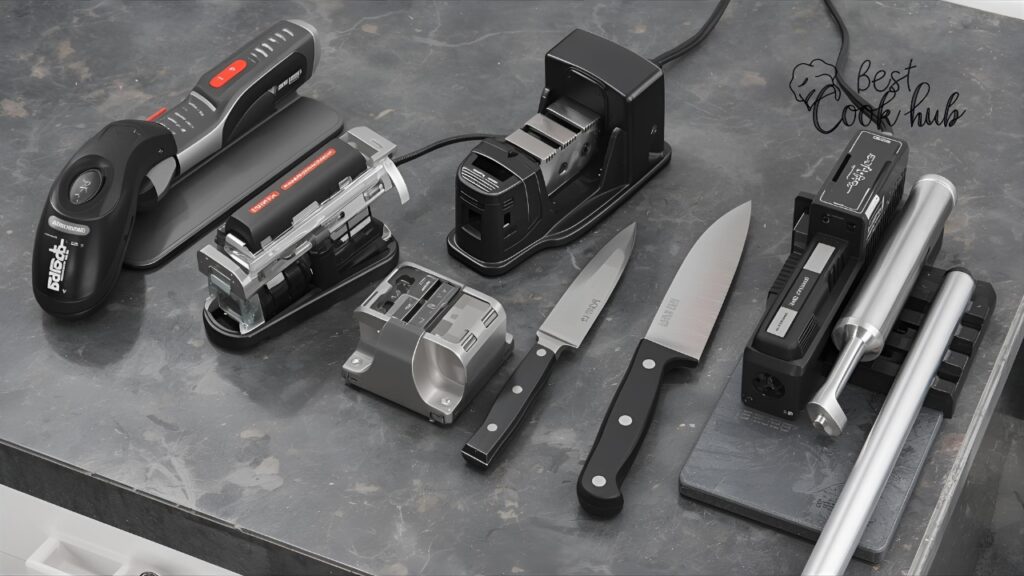 Bestcookhub - Various types of knife sharpeners (electric, whetstone, pull-through, honing rod) arranged on a kitchen counter with knives beside them