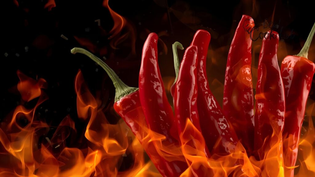 Bestcookhub - A close-up of red chili peppers with fire effects symbolizing heat and flavor