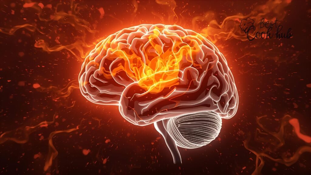 Bestcookhub - Brain scan illustration showing endorphin release after eating spicy food.