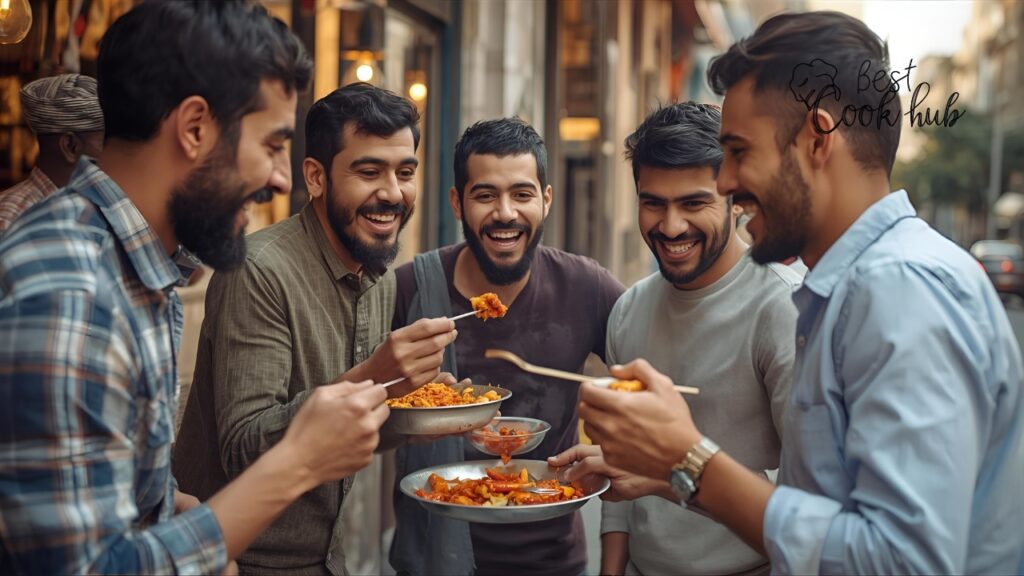 Bestcookhub - Happy group of friends enjoying spicy street food together