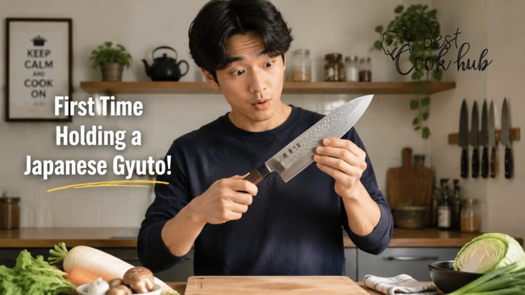 Bestcookhub - Beginner Cook Holding a Japanese Gyuto Knife for the First Time