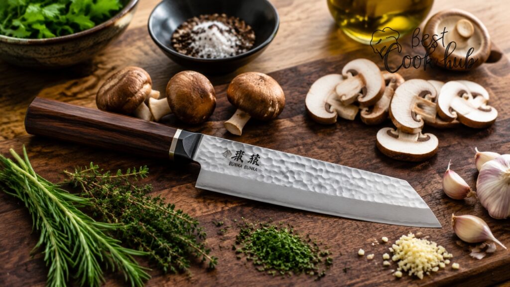 Bestcookhub - Bunka Knife Preparing Mushrooms Garlic and Herbs