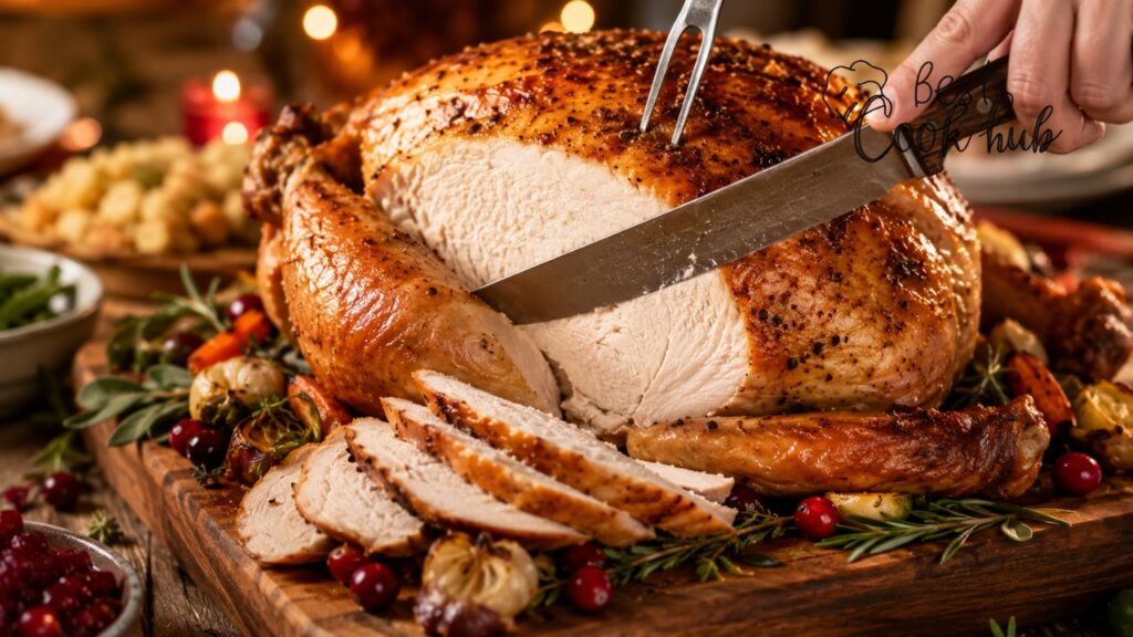 Bestcookhub - Carving Knife Slicing Roast Turkey on a Serving Board