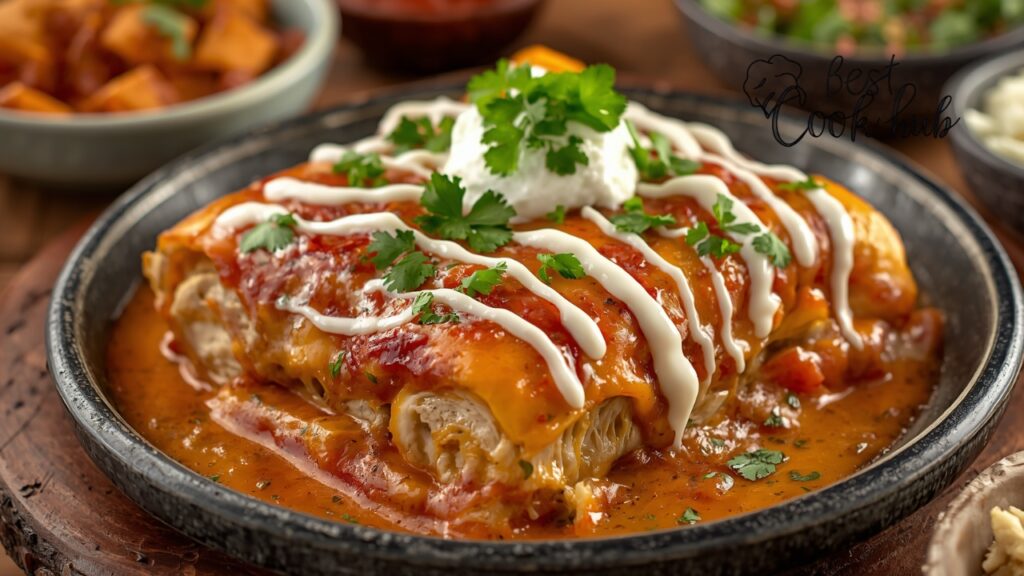 Bestcookhub - Cheesy Chicken Enchilada Casserole with Cilantro and Crema Drizzle