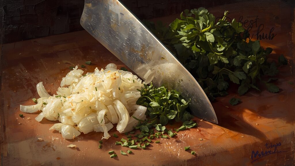 Bestcookhub - Chef Knife Chopping Onions and Fresh Herbs on a Cutting Board
