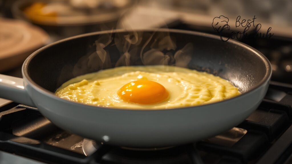 Bestcookhub - Close-Up of a White Ceramic Nonstick Pan Cooking Soft Scrambled Eggs