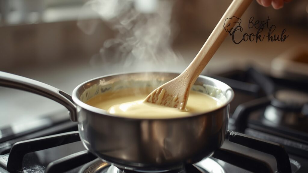 Bestcookhub - Creamy Custard Being Stirred in a Small Saucepan