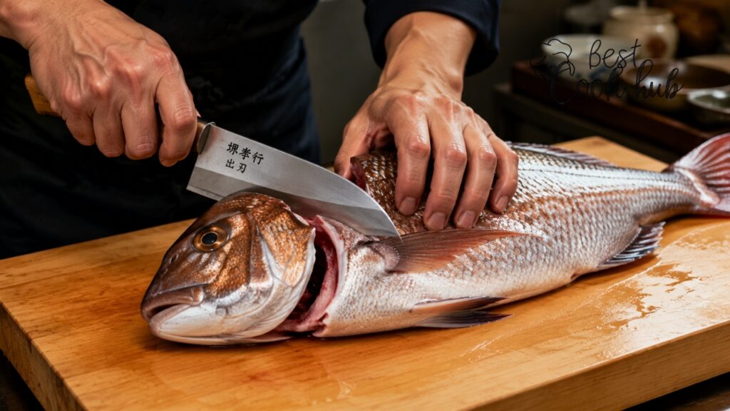 Bestcookhub - Deba Knife Breaking Down a Whole Fish on a Cutting Board