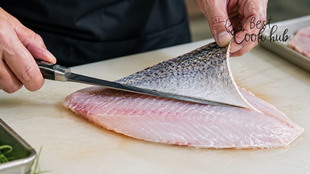 Bestcookhub - Fillet Knife Removing Skin from Fresh Fish Fillet