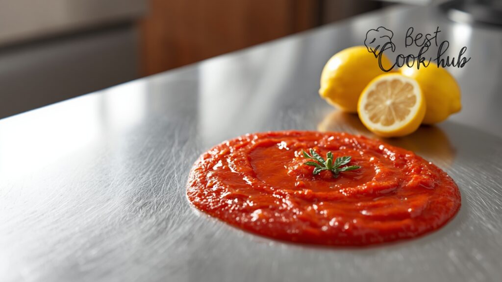 Bestcookhub - Food Grade Stainless Steel Cooking Surface with Tomato Sauce and Lemon