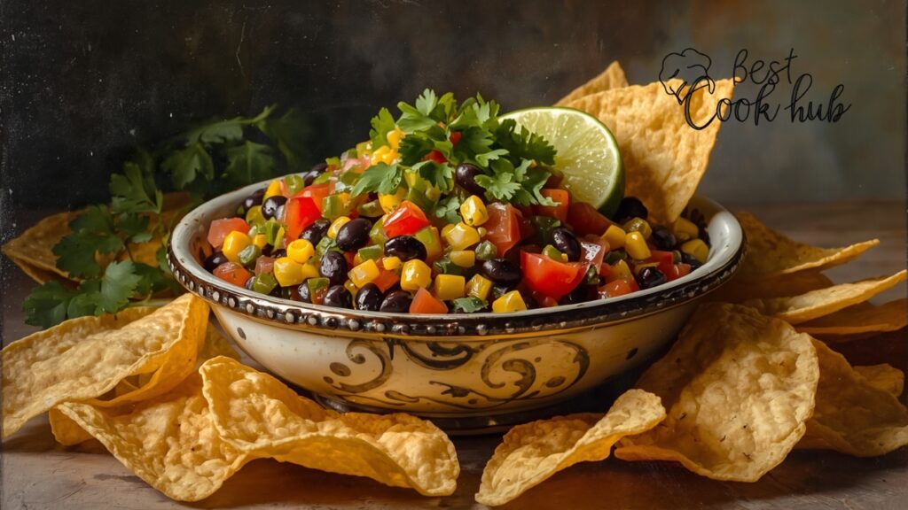 Bestcookhub - Fresh Black Bean Corn Salsa with Cilantro, Tomato, Lime, and Tortilla Chips