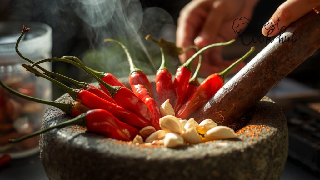 Bestcookhub - Fresh Thai Bird’s Eye Chilies, Garlic, and Shallots for Chili Paste Preparation