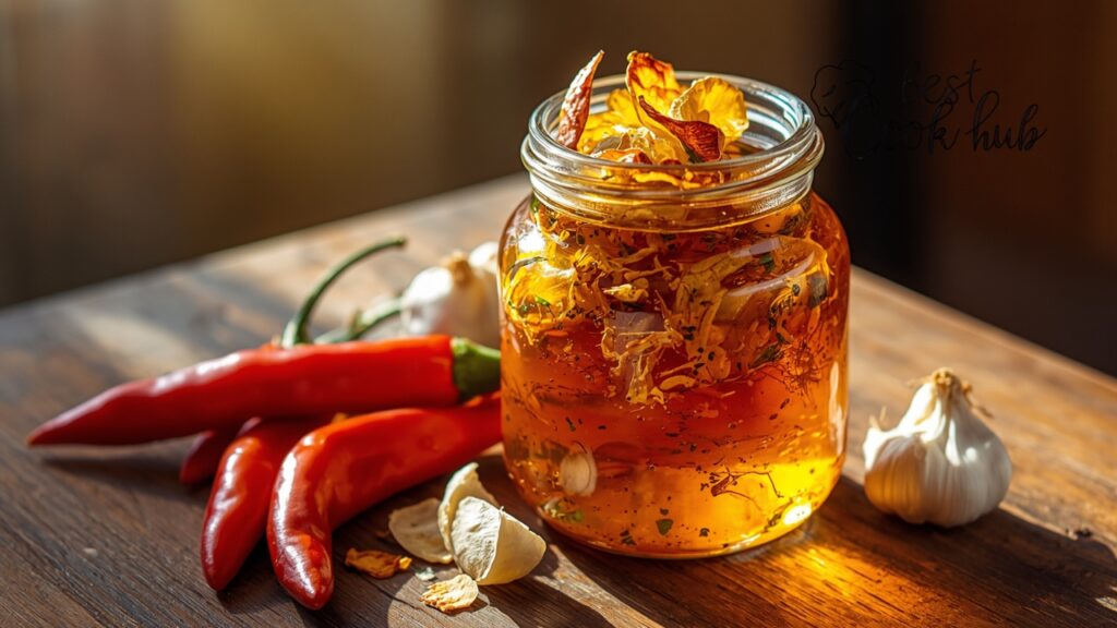 Bestcookhub - Golden Thai Chili Oil with Floating Chili Flakes and Garlic Chips in Glass Jar