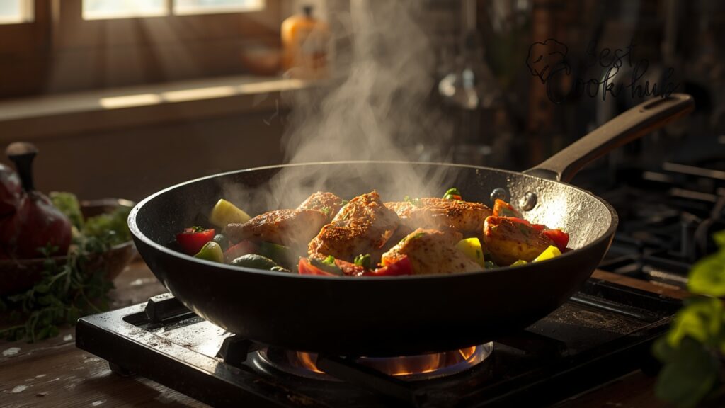 Bestcookhub - Granite Pan Cooking Spiced Chicken Pieces with Vegetables