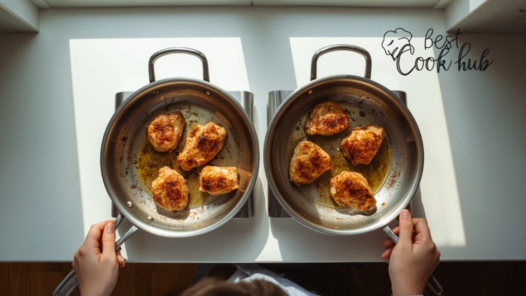 Bestcookhub - Home Cook Comparing Two Stainless Steel Pans While Searing Chicken